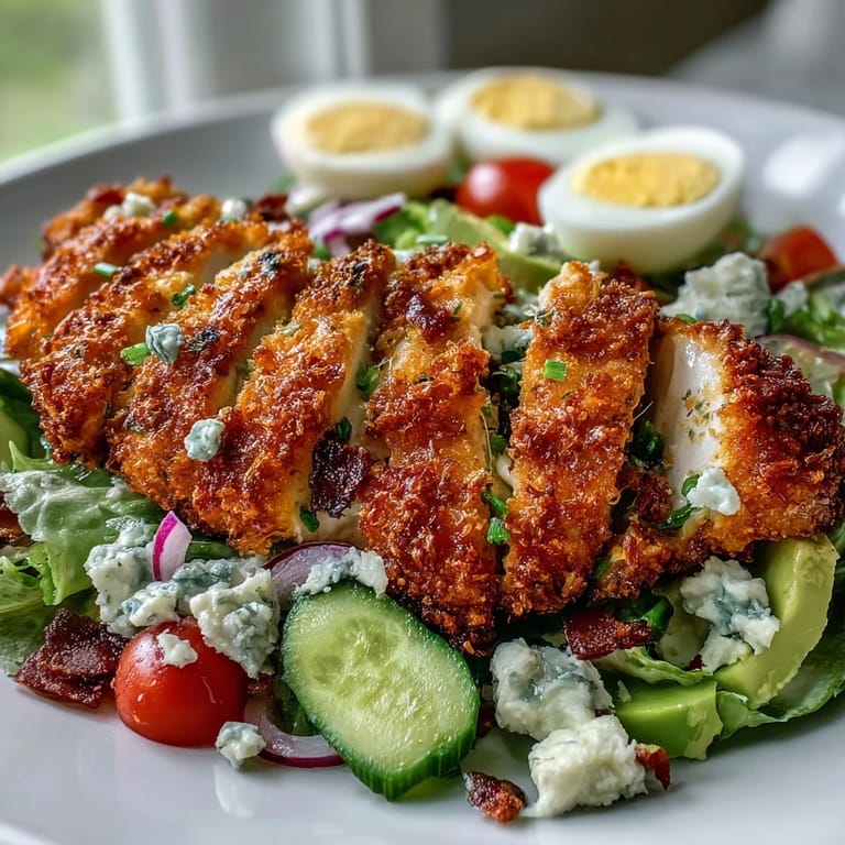 Juicy Parmesan Crusted Chicken served on a classic Cobb salad drizzled with tangy dressing, perfect for a satisfying meal.