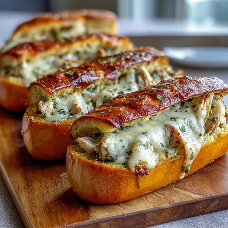 Piping hot Pesto Chicken Garlic Bread Boats with melted cheese, fresh basil, and a side of marinara.