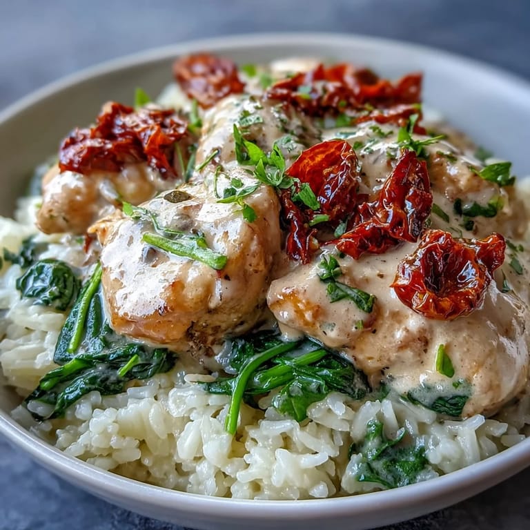 Savory bites of seasoned chicken and bright sun-dried tomatoes mingle in a creamy garlic-Parmesan sauce. Served over fluffy white rice in a deep skillet.