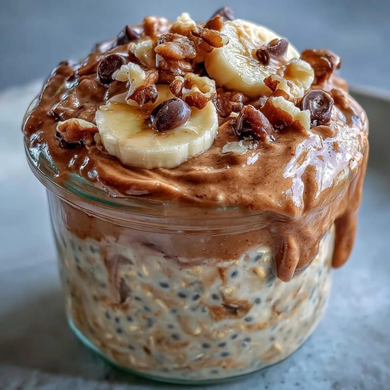 Dark chocolate Chunky Monkey Protein Overnight Oats layered with banana slices and creamy peanut butter in a glass jar.