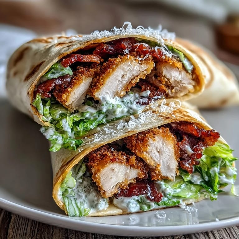 Warm flour tortillas filled with Crispy Chicken Bacon Caesar Wraps served with fresh lemon wedges and extra Parmesan.