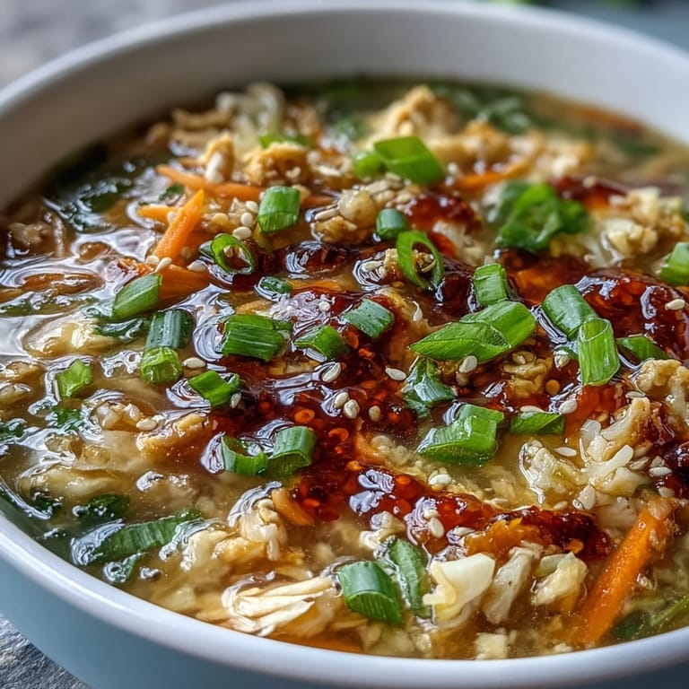 Close-up of savory Egg Roll Soup featuring ground chicken, shredded cabbage, and carrots in rich broth.