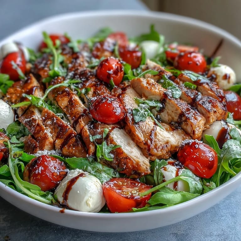 A close-up view of Grilled Chicken Caprese Bowls featuring juicy chicken, torn basil, and arugula, ready to be eaten with a fork.