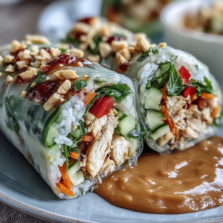 Crisp Light Chicken and Veggie Spring Rolls with Peanut Sauce are plated with a creamy dipping sauce and lime wedges.