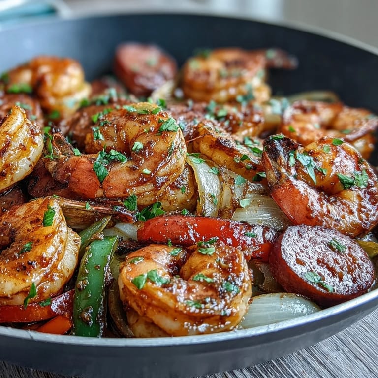 A close-up of Keto Cajun Shrimp and Sausage Skillet, garnished with parsley and served with fresh lemon wedges.