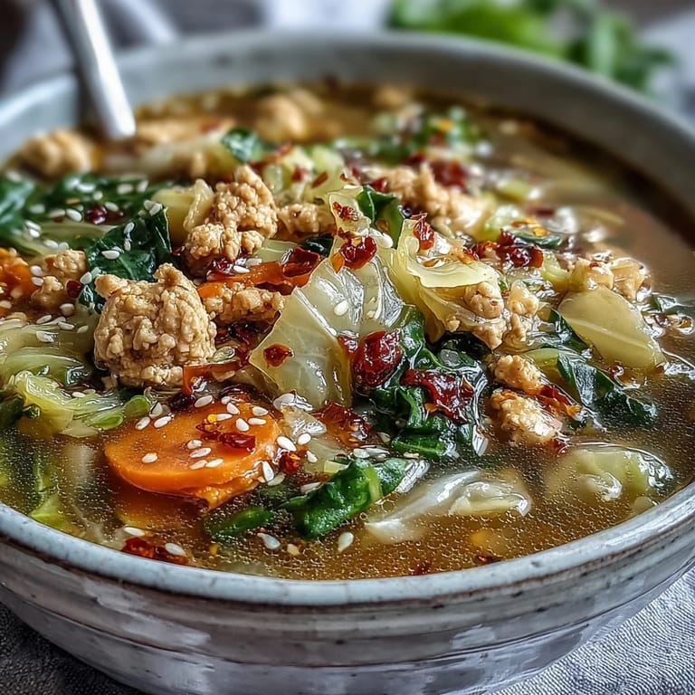 A hearty Egg Roll Soup with Chicken & Cabbage featuring tender vegetables in a savory broth, served in a rustic ceramic bowl.