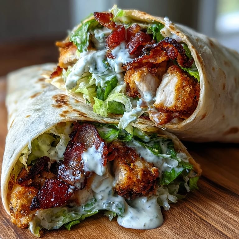 Savory Caesar wraps loaded with juicy buttermilk-fried chicken, crisp romaine, and bacon for a hearty lunch or dinner.