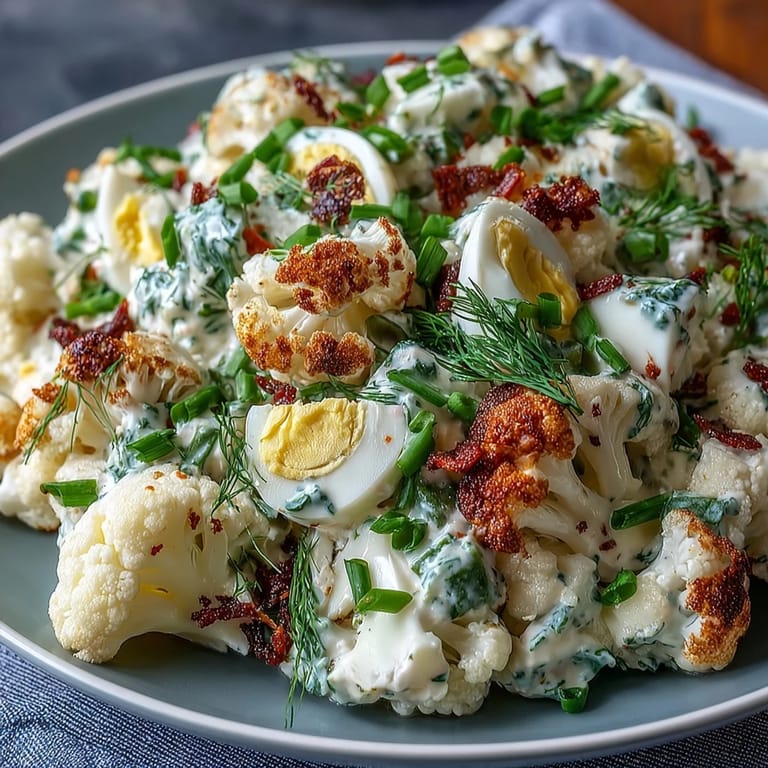 Roasted cauliflower florets, crisp dill pickles, and hard-boiled eggs tossed in tangy keto-friendly dressing with fresh herbs.  