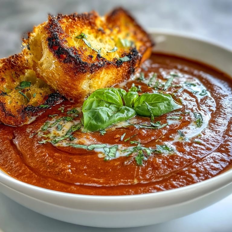 Rich and creamy tomato basil soup with coconut milk, paired with golden garlic sourdough dippers, garnished with fresh herbs.