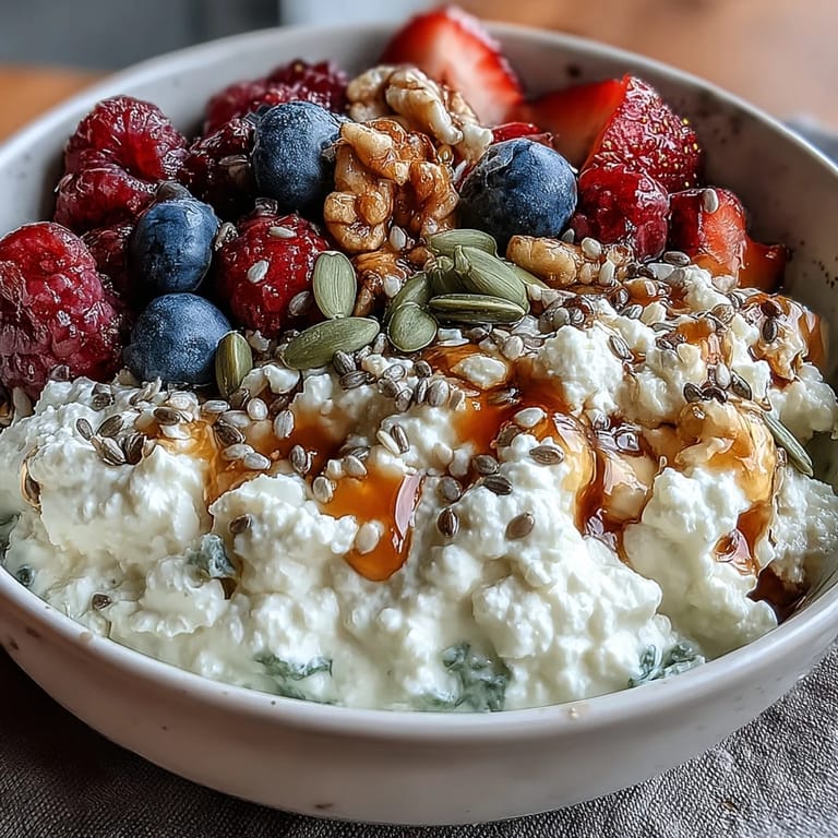 Fresh berries and seeds layered over smooth cottage cheese, drizzled with honey and finished with a sprinkle of chia for added texture and nutrition.