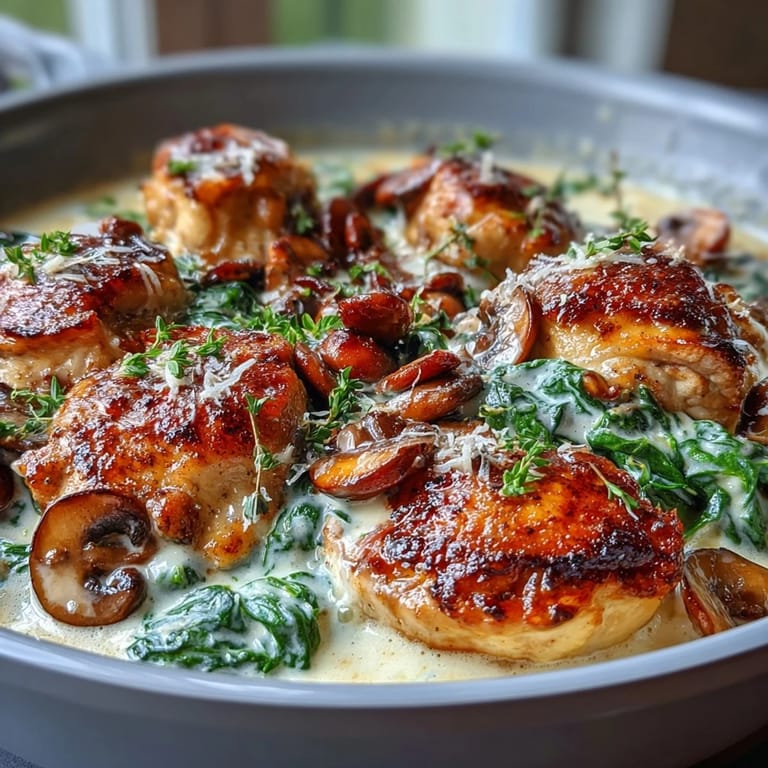 A comforting one-pan chicken dinner featuring juicy chicken breasts, earthy mushrooms, and wilted spinach in a keto-friendly creamy sauce.  