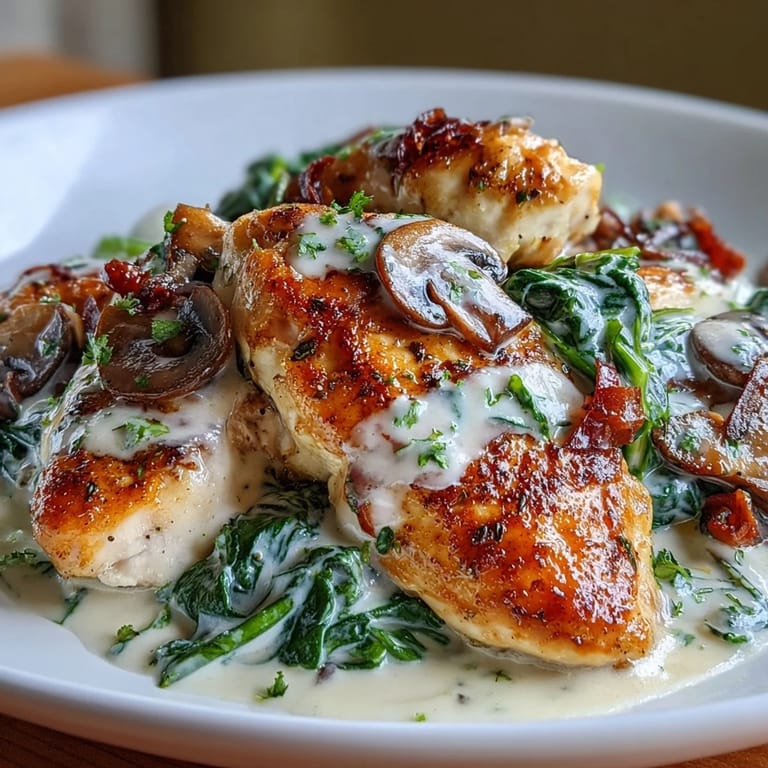 Flavorful Keto Creamy Spinach Mushroom Chicken Skillet served hot with a luscious, cheesy sauce and vibrant green spinach.