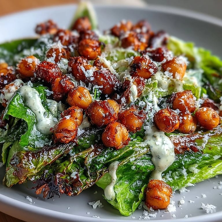 Crispy roasted chickpea croutons add crunch to this vibrant vegan Caesar salad, tossed with rich cashew dressing and topped with vegan Parmesan.