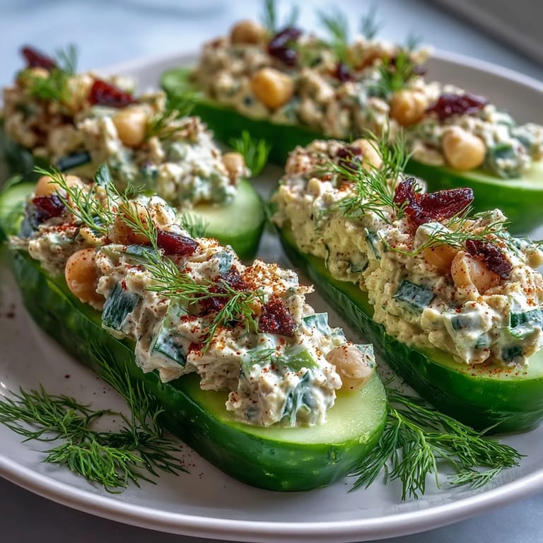 Vibrant cucumber halves filled with zesty, protein-rich chickpea salad, garnished with fresh dill for a refreshing appetizer.  