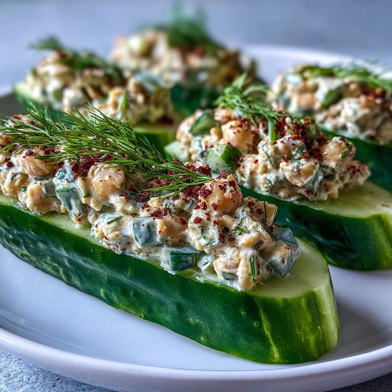 Cool cucumber boats overflowing with creamy, tangy chickpea salad, offering a satisfying vegan twist on a classic favorite.