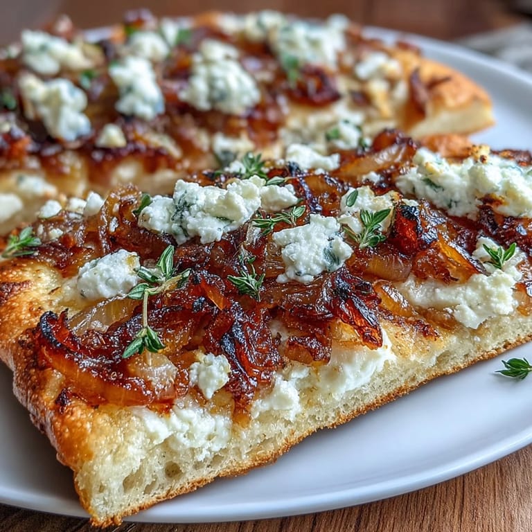 Warm flatbread baked to perfection with sweet caramelized onions, creamy goat cheese, and fresh thyme, drizzled with honey for a balanced flavor.