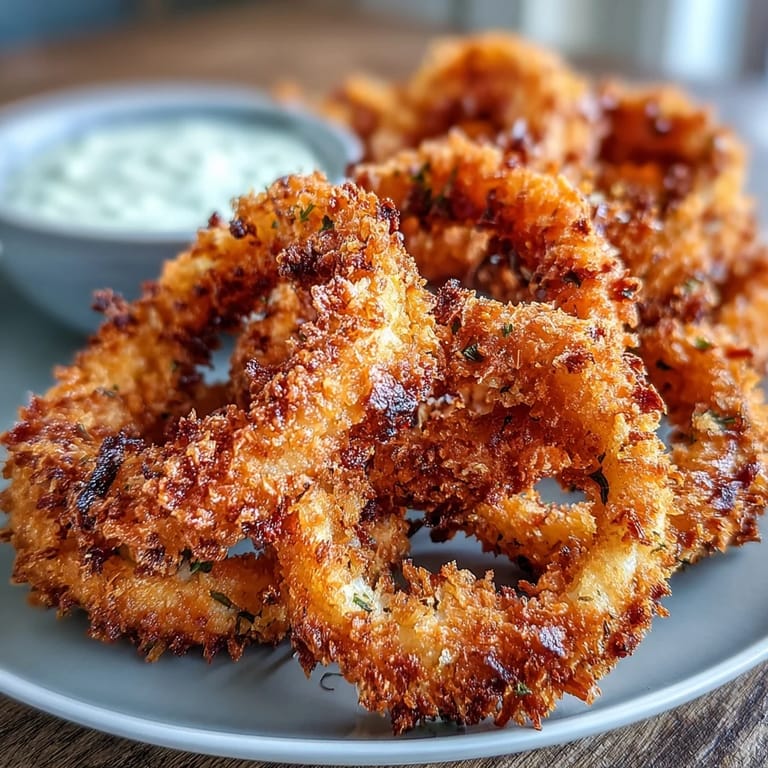 Air-fried onion rings with a light, crispy coating, served alongside a rich and tangy garlic aioli dip for sharing.