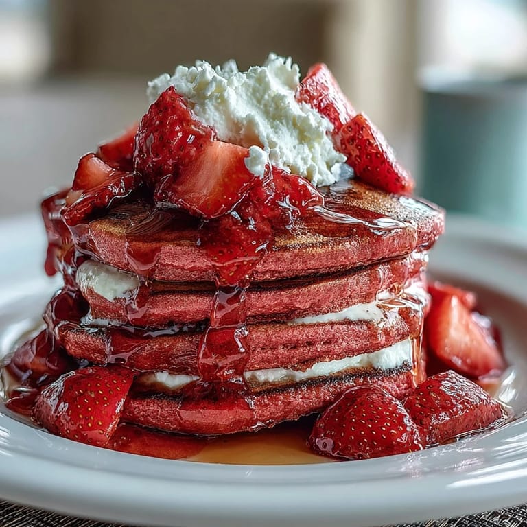Stack of naturally pink pancakes topped with fresh strawberry compote and whipped cream, ideal for festive gatherings.