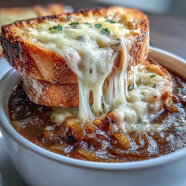 Classic French onion soup with slow-cooked onions and Gruyere-topped sourdough crostini, offering layers of rich flavor and comforting warmth.