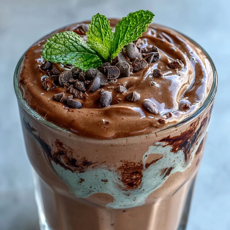 Rich chocolate and cool mint protein shake topped with dark chocolate chips and fresh mint leaves.  