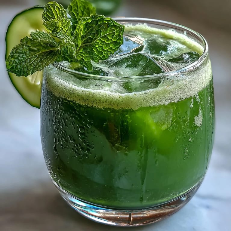 Refreshing cucumber, apple, and ginger juice served over ice for a crisp, invigorating drink.  