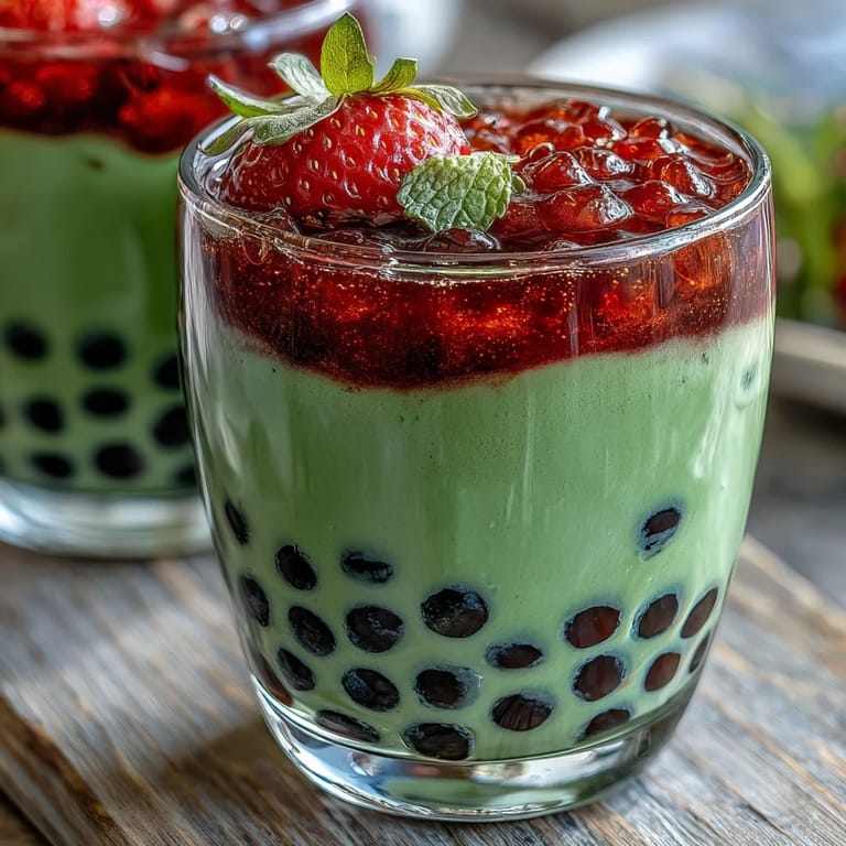 Refreshing homemade strawberry matcha boba featuring sweet strawberries, smooth milk, and frothy matcha, served over ice with black tapioca pearls.  