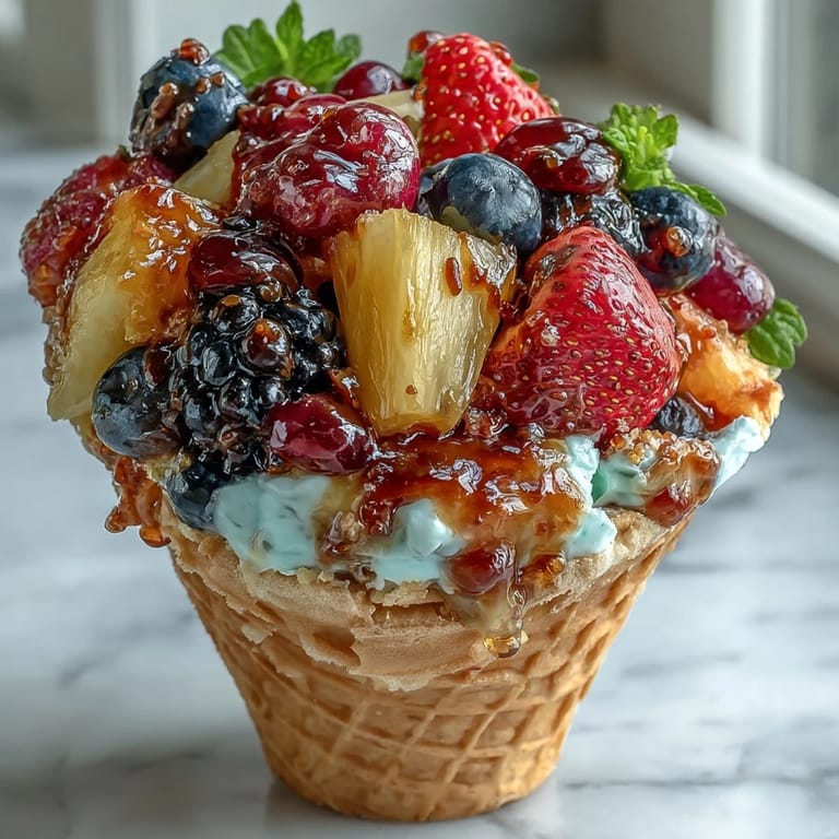 Vibrant fruit cones in waffle cones with creamy Greek yogurt dip, perfect for summer parties and easy snacking.  