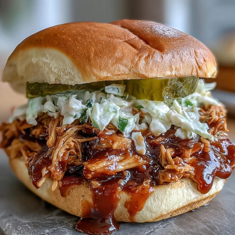 Tender shredded chicken drenched in smoky barbecue sauce, served on slider buns—perfect for baby showers and gatherings.