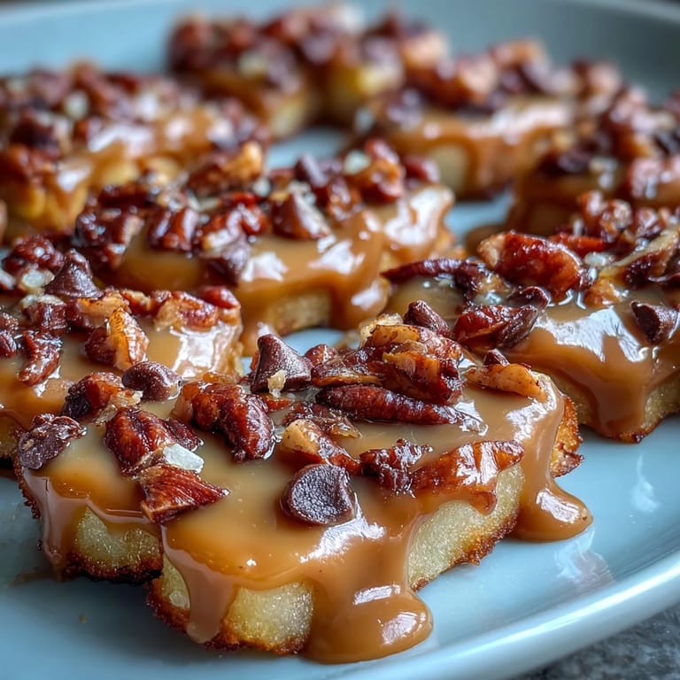 Sweet and tangy apple rounds coated in smooth caramel and finished with a rich peanut butter drizzle, perfect for sharing.