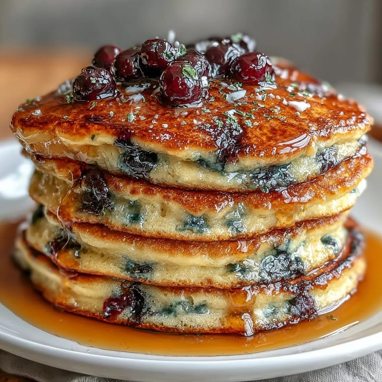 Fluffy lemon blueberry pancakes with a golden crust, drizzled with maple syrup and garnished with extra blueberries.