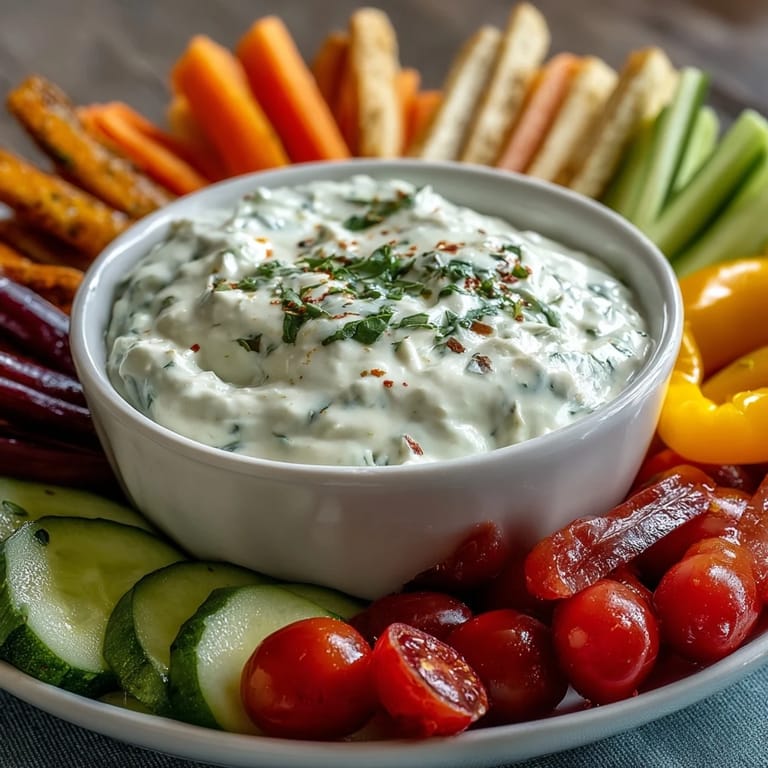 Whipped cottage cheese ranch dip with fresh herbs, served with colorful veggie sticks.  