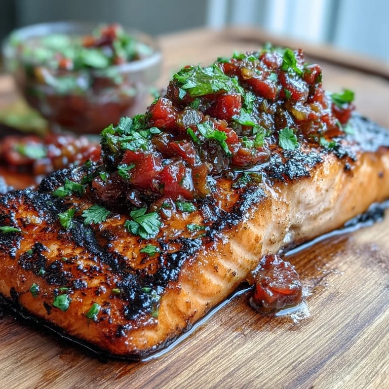 Juicy grilled salmon topped with zesty strawberry salsa, offering a sweet and savory flavor combination.
