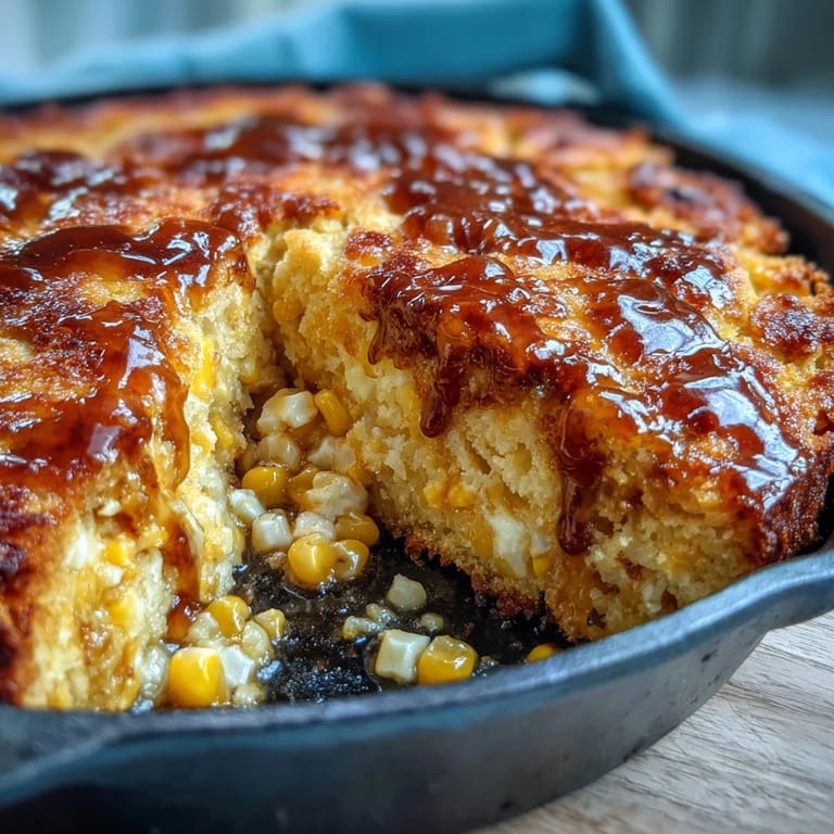 A slice of Southern-style cornbread, baked to perfection in a cast-iron skillet, with a rich honey butter spread enhancing its comforting, buttery flavor.