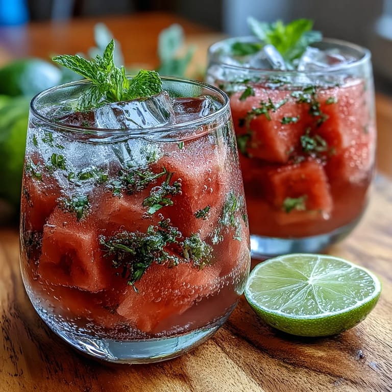 Bright and bubbly watermelon mint vodka spritz mocktail served over ice with juicy watermelon and zesty lime.