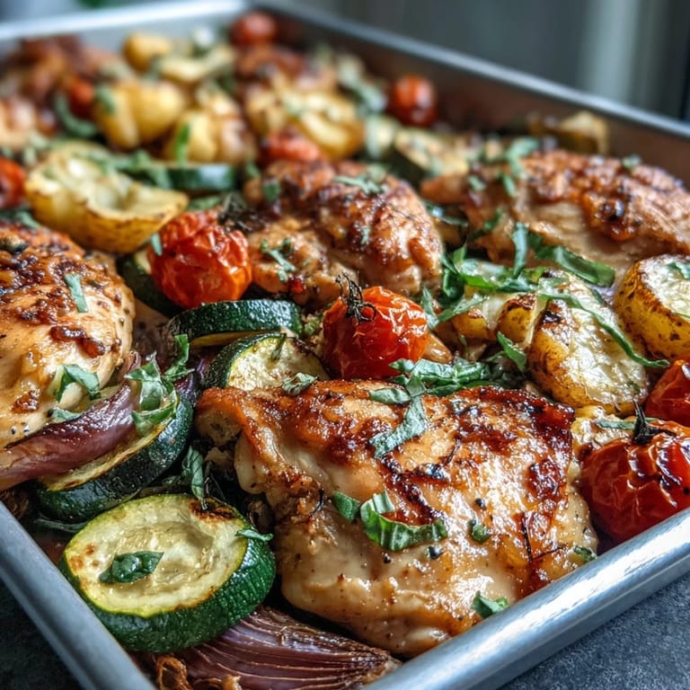 Colorful sheet pan chicken with zucchini and corn, featuring tender vegetables and savory spices in one easy dish.  
