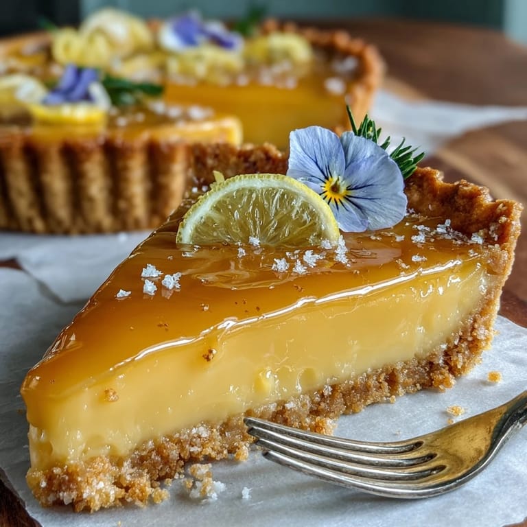 Vibrant lemon curd tart with crisp pastry and edible blossoms, perfect for elegant spring gatherings.