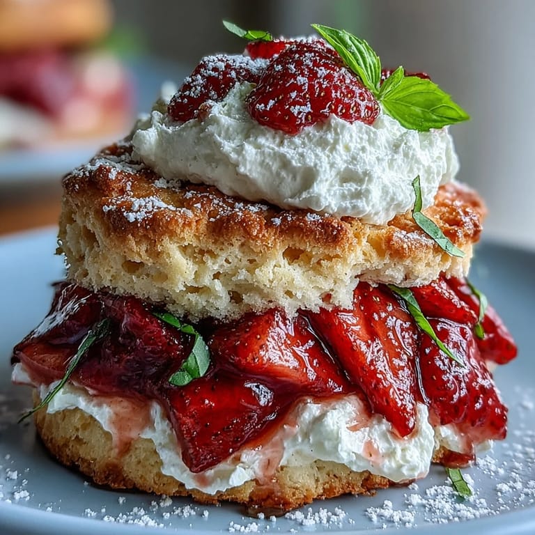 Buttery shortcake biscuits filled with macerated strawberries, fresh basil, and light whipped cream topping.