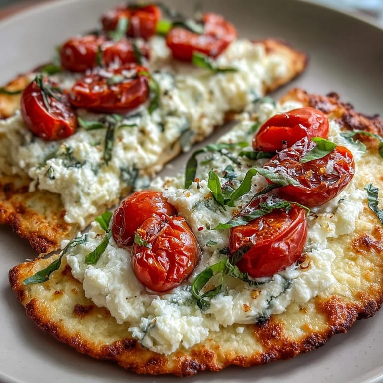 Golden cottage cheese flatbread topped with aromatic pesto, fresh tomatoes, and parmesan, offering a deliciously healthy appetizer or snack.