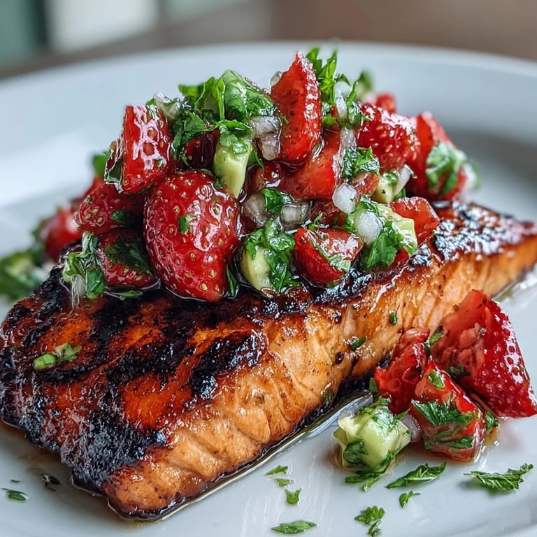 Tender salmon grilled to perfection and served with a colorful strawberry avocado salsa, ideal for a healthy, gluten-free main course.  
