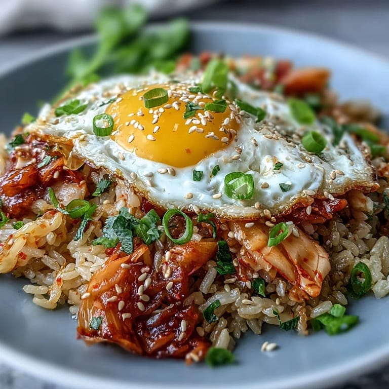 A vibrant bowl of Korean-inspired fried rice featuring tangy kimchi, colorful vegetables, and a perfectly runny yolk.  