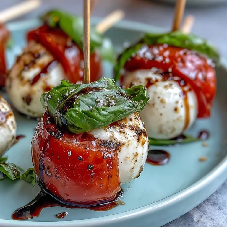Juicy cherry tomato, mozzarella, and basil skewers, glistening with sweet balsamic glaze.