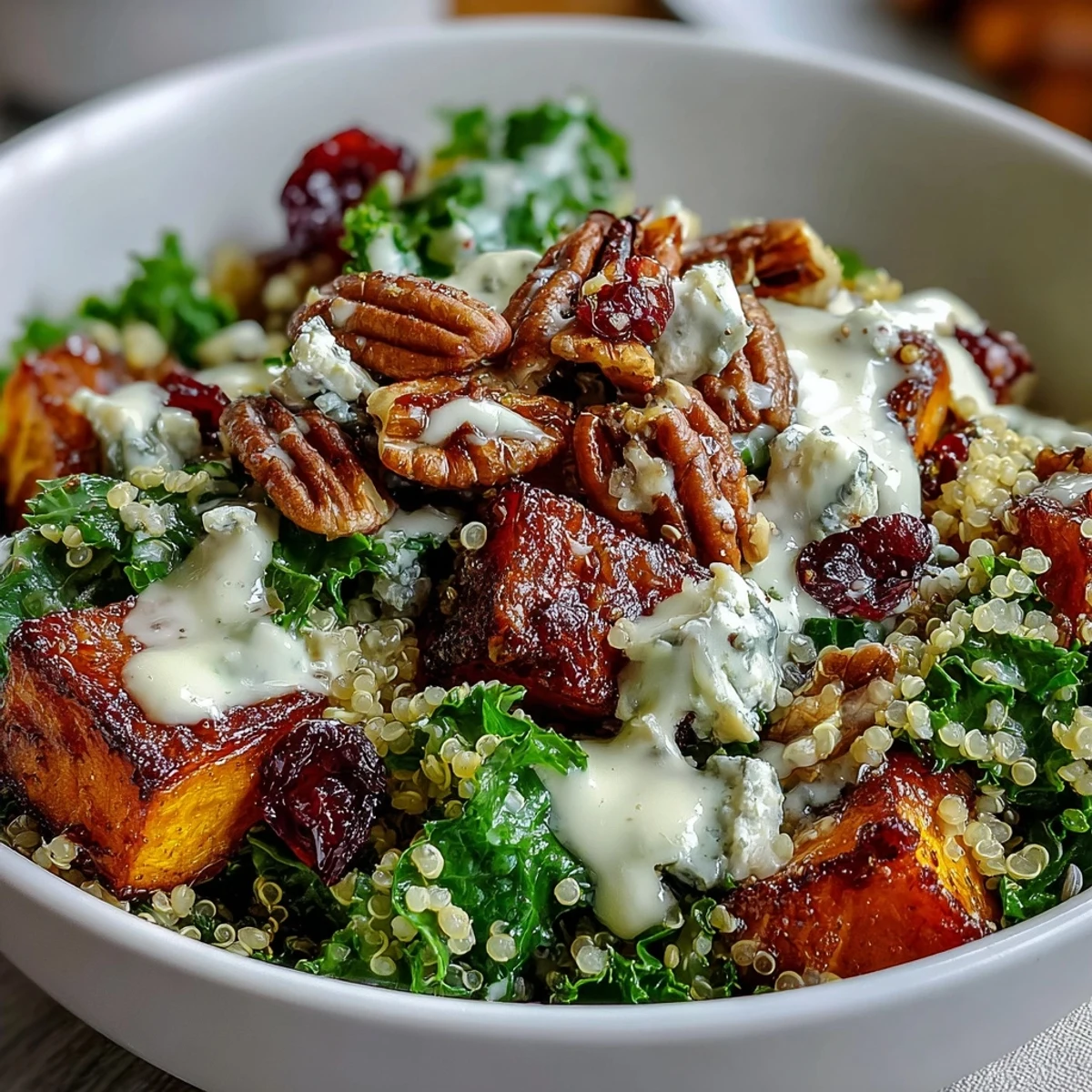 A vibrant Harvest Kale Quinoa Bowl with roasted sweet potatoes, pecans, and creamy blue cheese on a rustic table.  