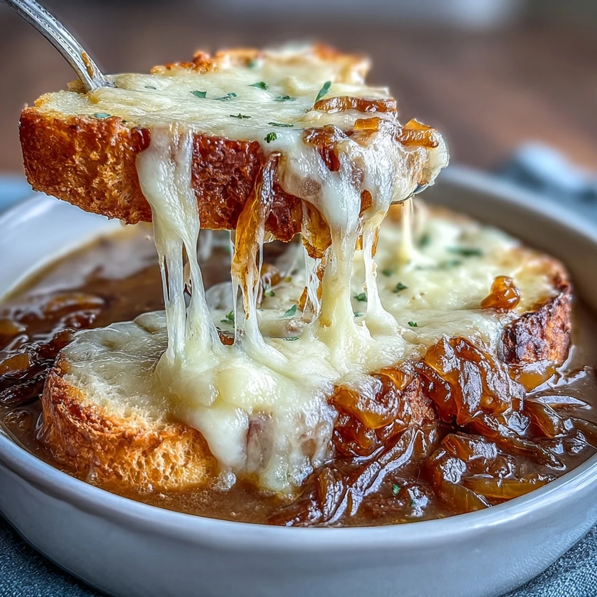 Rich caramelized onion soup with sourdough Gruyere crostini, topped with bubbly melted cheese and golden toasted baguette slices.  