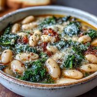 Warm Tuscan white bean soup with kale and Parmesan, served in a rustic bowl with crusty bread on the side.  