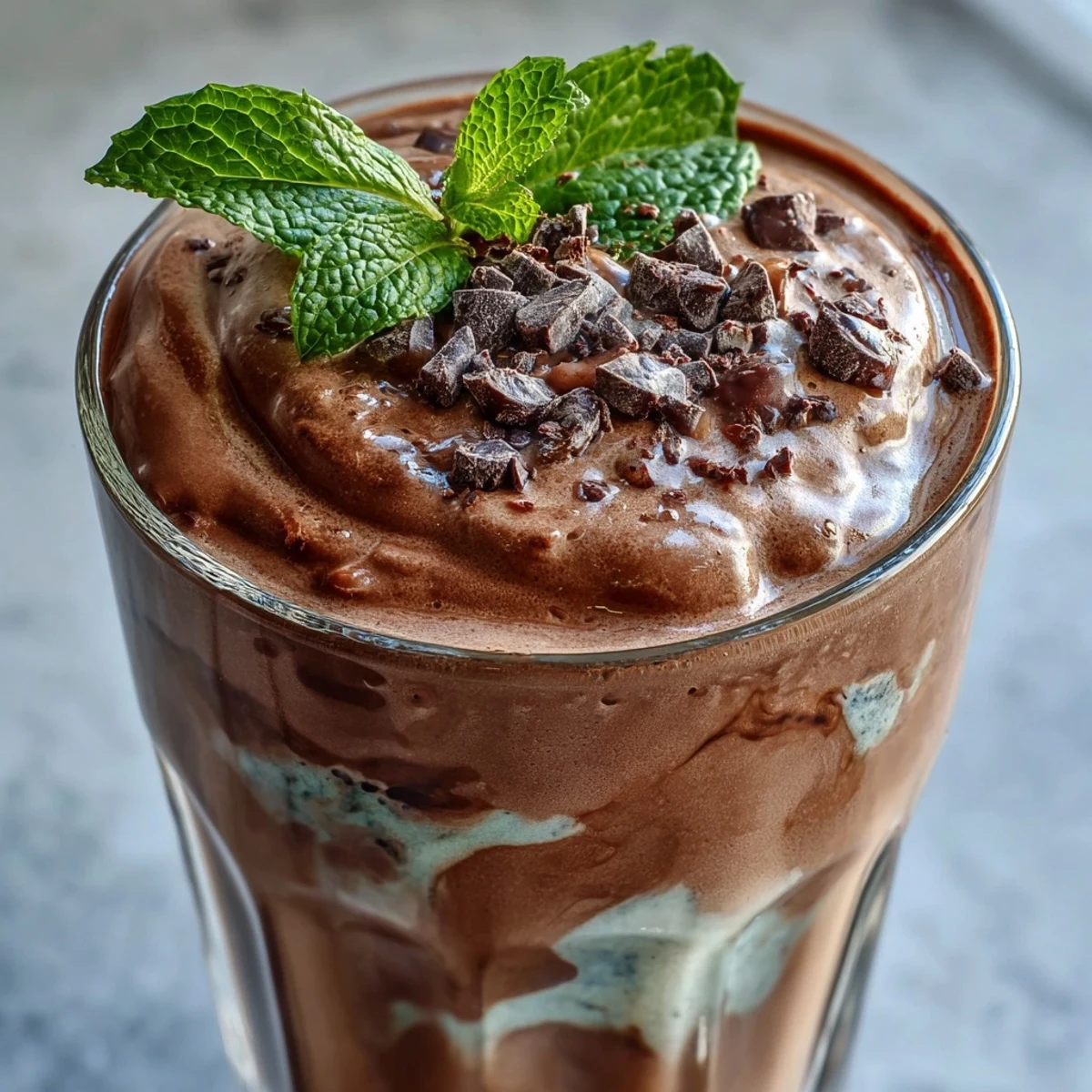 Creamy mint chocolate protein shake with frozen banana, blended for a refreshing post-workout boost.  
