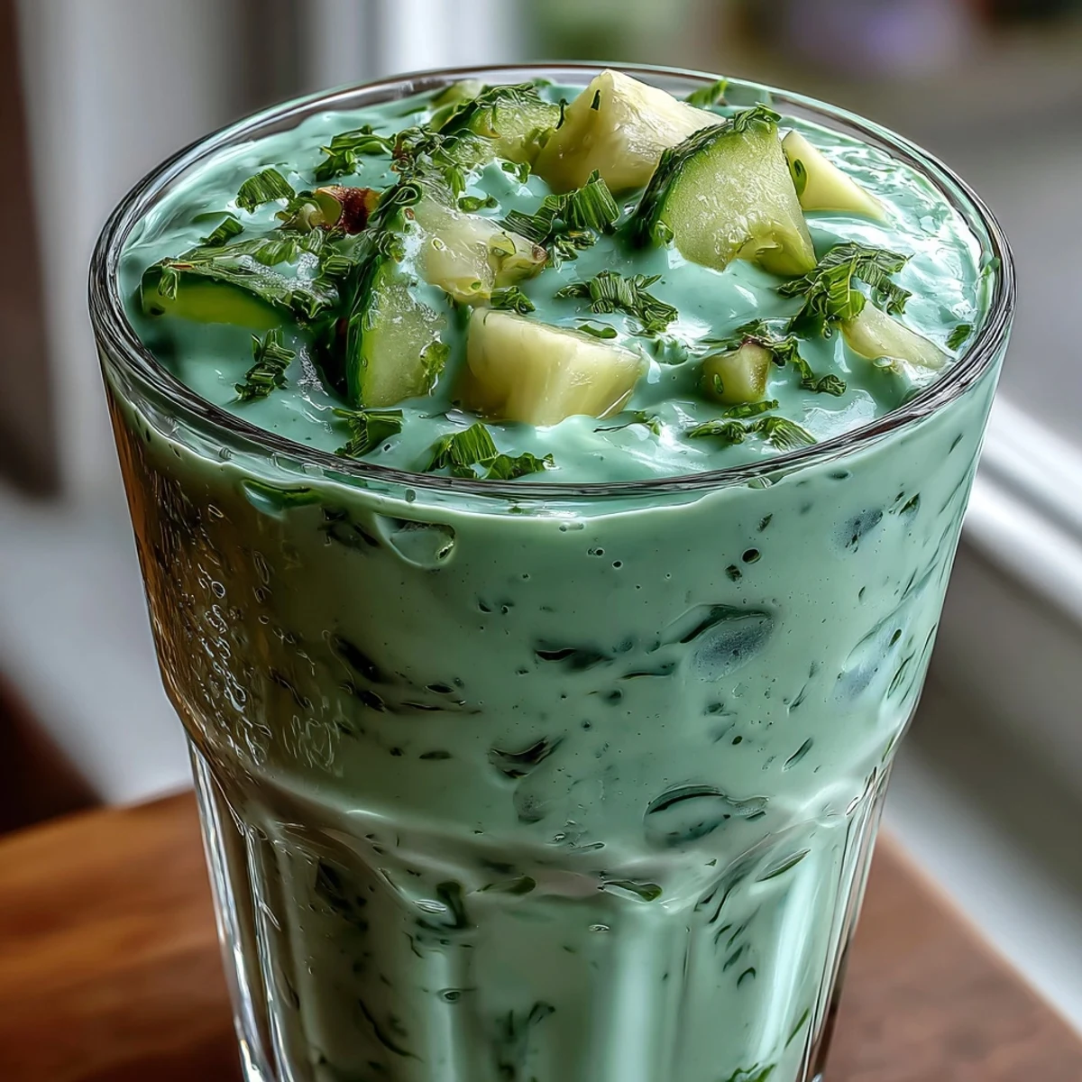 A vibrant green shamrock smoothie with fresh spinach, sweet pineapple, and creamy banana in a clear glass.