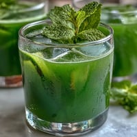 A vibrant glass of cucumber, apple, and ginger detox juice with fresh mint garnish.  