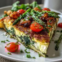 Spring Veggie Frittata with Asparagus and Goat Cheese, golden and fluffy, loaded with fresh spring vegetables and creamy goat cheese crumbles.