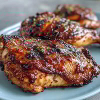 Honey Garlic Grilled Chicken Thighs sizzling on the grill, glazed with a sticky sweet and savory marinade.
