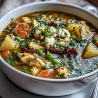 A creamy, comforting slow cooker chicken pot pie soup with tender chicken, potatoes, and vegetables in a savory broth.